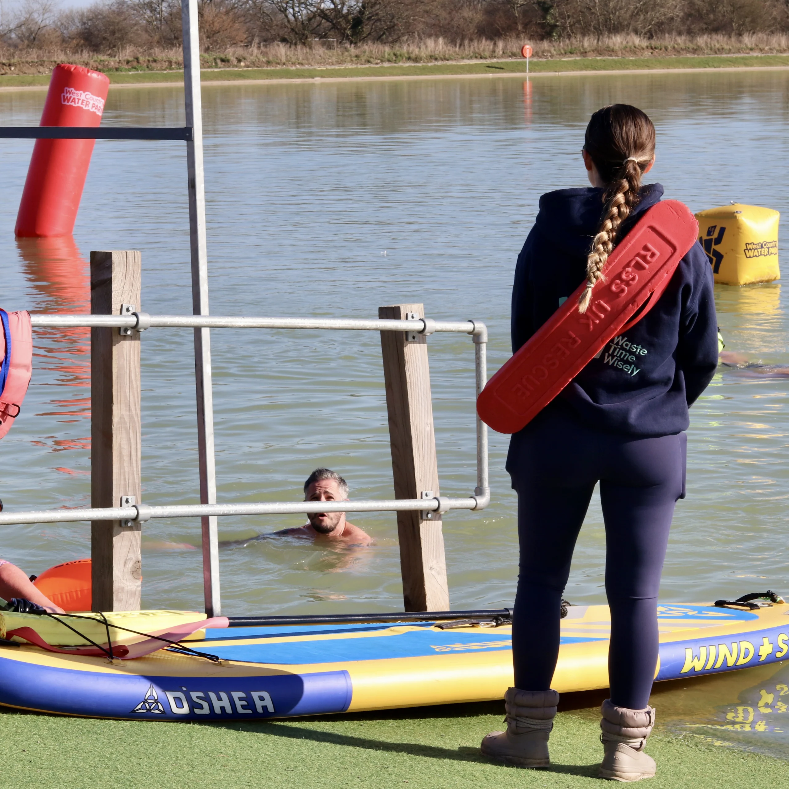 Lifeguard training at West Country Water Park open water lake near Winterbourne Bristol