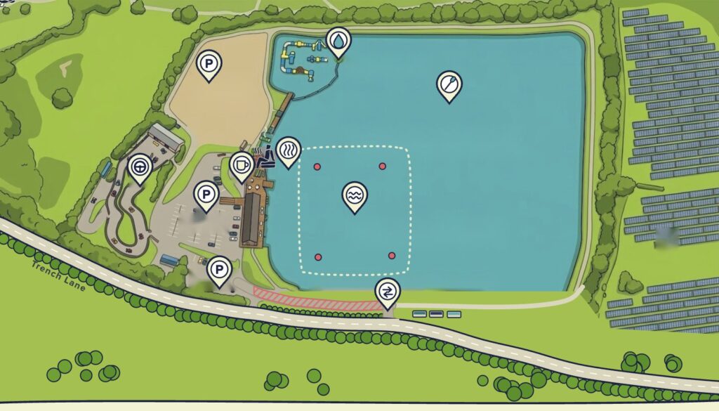 Illustrated map of West Country Water Park showing the lake, Aqua Park, swim zone, karting track, café and car parks